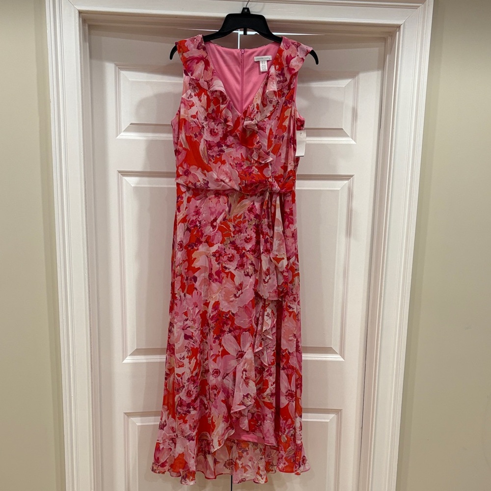 London Times Pink and Red Floral Ruffle Wrap Midi Dress